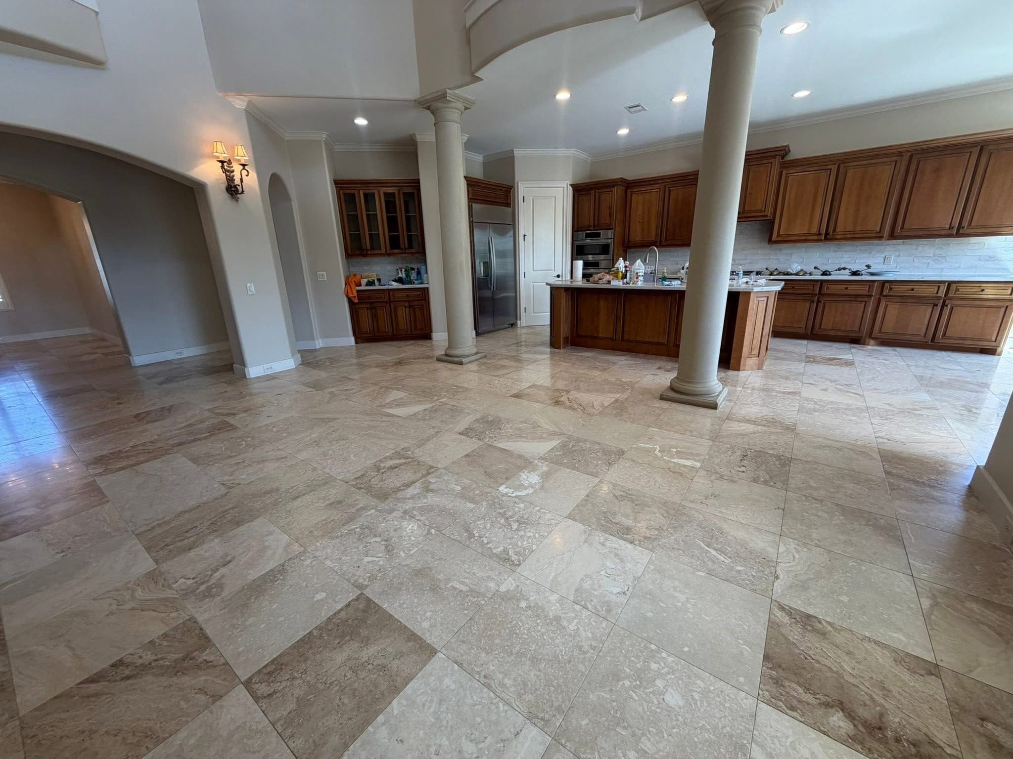 Luxury travertine tile flooring installation in open-concept home โ 2M Construction Huntsville AL